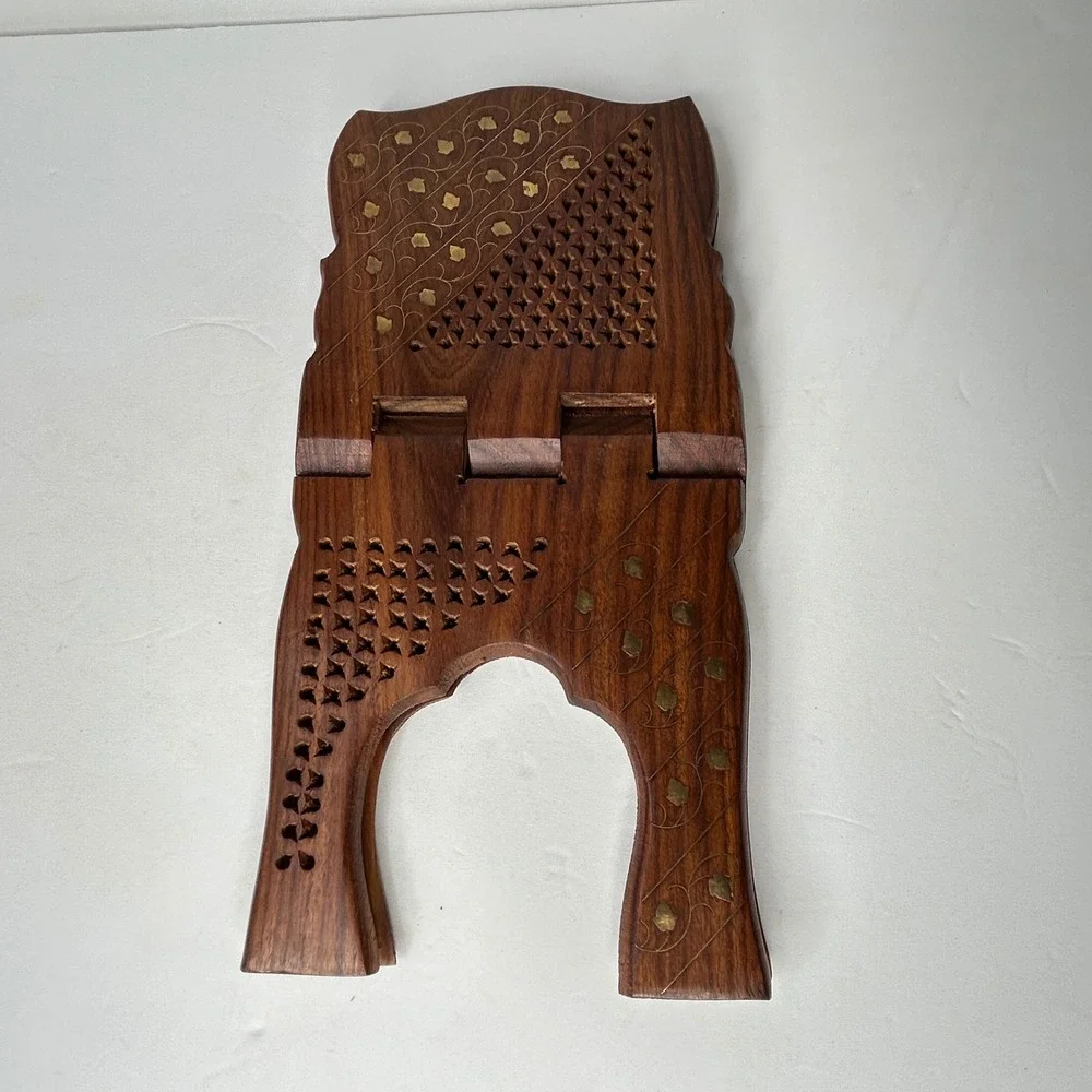 Vintage Hand Carved Wooden Folding Book Stand Rehal Brass Inlay 15 Inch Brown - Picture 4 of 6